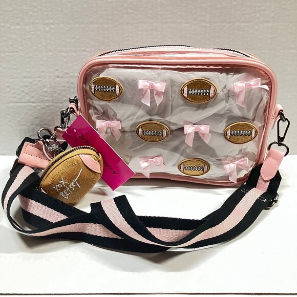 Betsey Johnson XOCHEER Kitsch Football Clear Stadium Bag Web Strap & Coinpurse - Picture 1 of 4